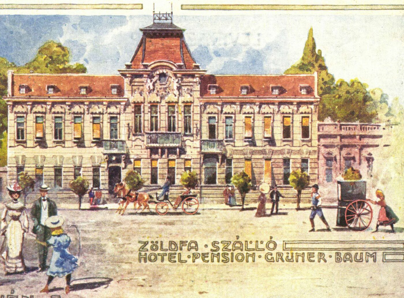 Akvarel priečelia hotela Zelený strom po roku 1903
