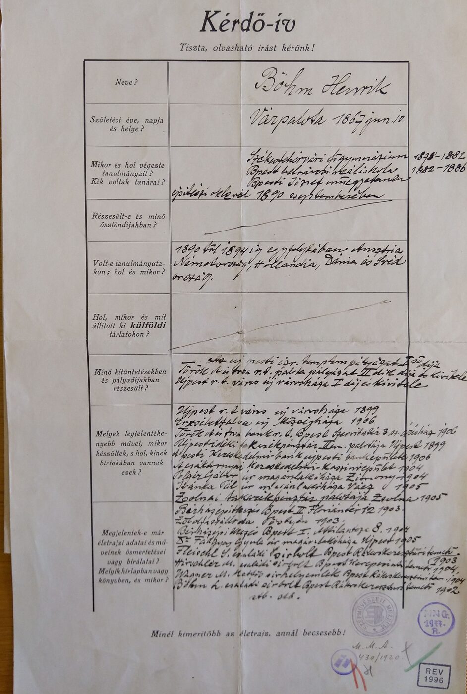 Životopisný dotazník Henrika Böhma so zápisom Zelený strom 1903