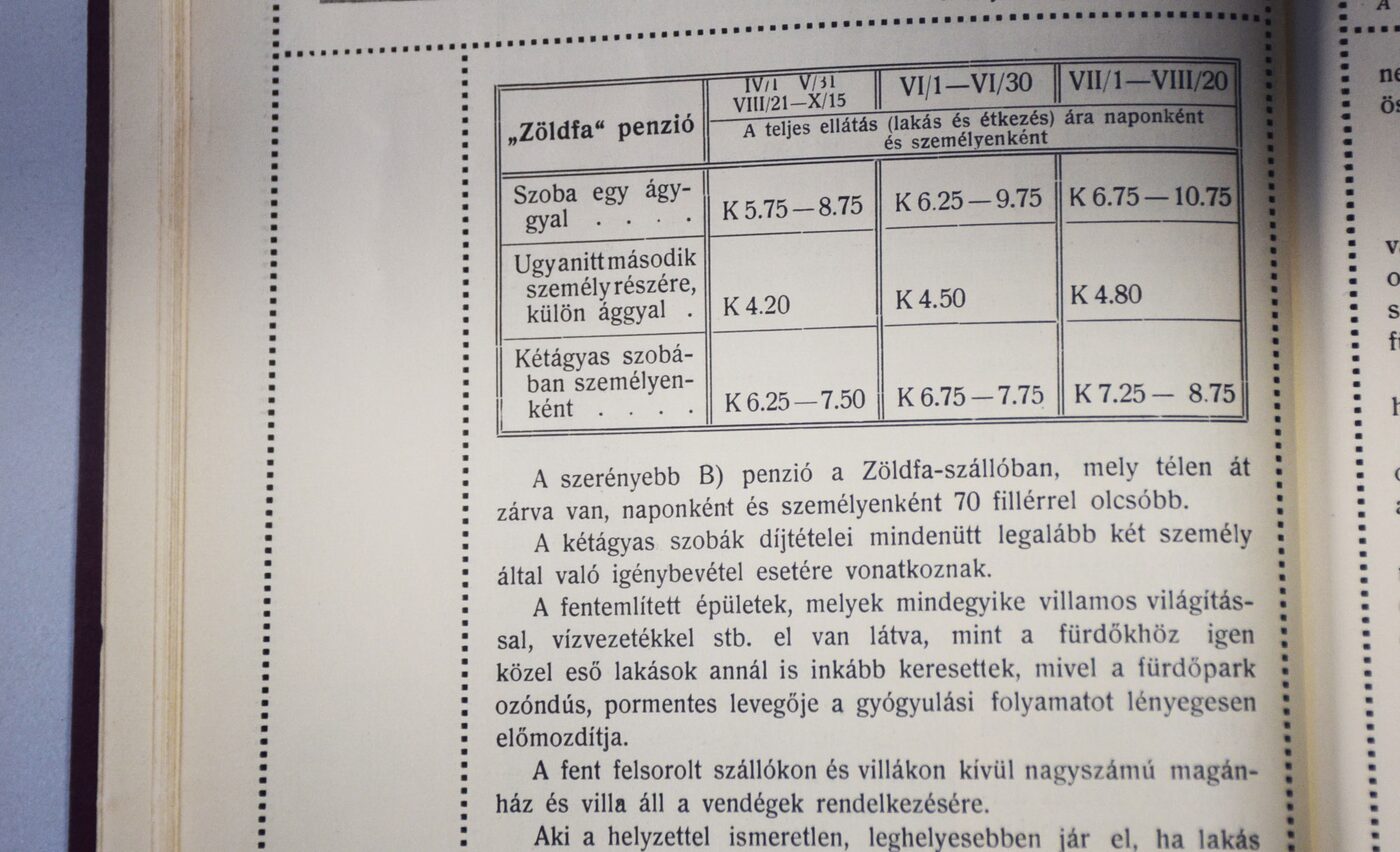 Kúpeľná brožúra z roku 1912 s cenami hotela Zelený strom