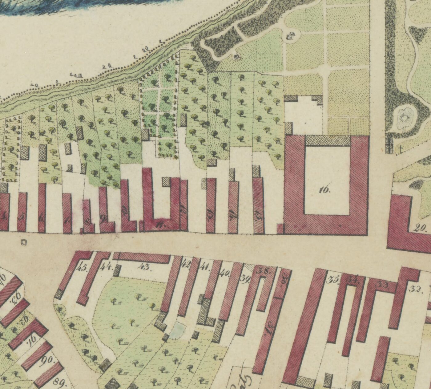 Mapa Piešťan z roku 1824 s hostincami Neptún a Strauss